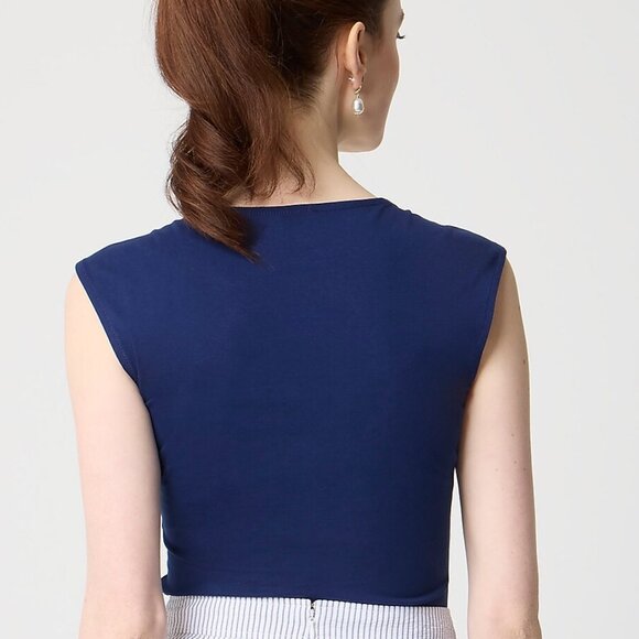 J. Crew Cap-Sleeve Stretch Cotton-Blend Squareneck Tank Top in Antique Navy - Picture 2 of 5